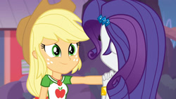 Size: 3410x1920 | Tagged: safe, screencap, applejack, rarity, equestria girls, equestria girls specials, g4, my little pony equestria girls: better together, my little pony equestria girls: rollercoaster of friendship, applejack's hat, bracelet, clothes, cowboy hat, cutie mark, cutie mark on clothes, female, geode of super strength, hairpin, hat, high res, jewelry, magical geodes, necklace, smiling