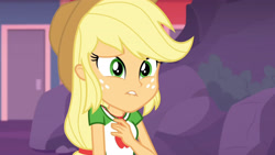 Size: 3410x1920 | Tagged: safe, screencap, applejack, equestria girls, equestria girls specials, g4, my little pony equestria girls: better together, my little pony equestria girls: rollercoaster of friendship, applejack's hat, clothes, cowboy hat, cutie mark, cutie mark on clothes, female, geode of super strength, hat, high res, jewelry, lip bite, magical geodes, necklace, solo