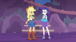 Size: 3410x1920 | Tagged: safe, screencap, applejack, rarity, equestria girls, equestria girls specials, g4, my little pony equestria girls: better together, my little pony equestria girls: rollercoaster of friendship, applejack's hat, belt, boots, bracelet, clothes, cowboy boots, cowboy hat, cutie mark, cutie mark on clothes, denim skirt, female, hairpin, hat, high heels, high res, jewelry, necklace, rarity peplum dress, shoes, skirt