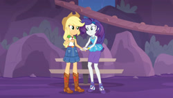Size: 3410x1920 | Tagged: safe, screencap, applejack, rarity, equestria girls, equestria girls specials, g4, my little pony equestria girls: better together, my little pony equestria girls: rollercoaster of friendship, applejack's hat, belt, boots, bracelet, clothes, cowboy boots, cowboy hat, cutie mark, cutie mark on clothes, denim skirt, female, geode of shielding, geode of super strength, hairpin, hat, high heels, high res, holding hands, jewelry, magical geodes, necklace, rarity peplum dress, shoes, skirt, smiling