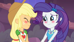 Size: 3410x1920 | Tagged: safe, screencap, applejack, rarity, equestria girls, equestria girls specials, g4, my little pony equestria girls: better together, my little pony equestria girls: rollercoaster of friendship, applejack's hat, blushing, clothes, cowboy hat, cutie mark, cutie mark on clothes, eyes closed, female, geode of shielding, geode of super strength, hairpin, hat, high res, jewelry, magical geodes, necklace, rarity peplum dress, smiling