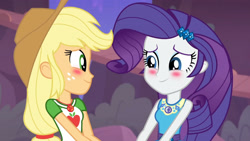 Size: 3410x1920 | Tagged: safe, screencap, applejack, rarity, equestria girls, equestria girls specials, g4, my little pony equestria girls: better together, my little pony equestria girls: rollercoaster of friendship, applejack's hat, blushing, clothes, cowboy hat, cutie mark, cutie mark on clothes, female, geode of shielding, geode of super strength, hairpin, hat, high res, jewelry, looking at each other, magical geodes, necklace, rarity peplum dress, smiling, smiling at each other