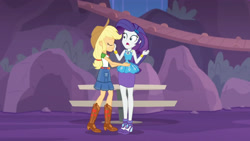 Size: 3410x1920 | Tagged: safe, screencap, applejack, rarity, equestria girls, equestria girls specials, g4, my little pony equestria girls: better together, my little pony equestria girls: rollercoaster of friendship, applejack's hat, belt, blushing, boots, bracelet, clothes, cowboy boots, cowboy hat, denim skirt, eyes closed, female, geode of shielding, geode of super strength, hairpin, hat, high heels, high res, jewelry, magical geodes, necklace, open mouth, rarity peplum dress, shoes, skirt, smiling