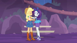 Size: 3410x1920 | Tagged: safe, screencap, applejack, rarity, equestria girls, equestria girls specials, g4, my little pony equestria girls: better together, my little pony equestria girls: rollercoaster of friendship, applejack's hat, belt, blushing, boots, bracelet, clothes, cowboy boots, cowboy hat, denim skirt, eyes closed, female, geode of super strength, hairpin, hat, high heels, high res, jewelry, magical geodes, necklace, open mouth, rarity peplum dress, shoes, skirt, smiling