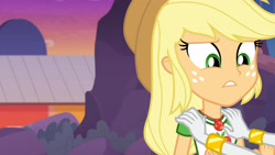 Size: 3410x1920 | Tagged: safe, screencap, applejack, rarity, equestria girls, equestria girls specials, g4, my little pony equestria girls: better together, my little pony equestria girls: rollercoaster of friendship, applejack's hat, bracelet, clothes, cowboy hat, cutie mark, cutie mark on clothes, female, geode of super strength, hat, high res, jewelry, magical geodes, necklace, offscreen character, solo focus