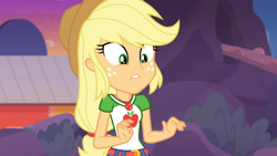 Size: 3410x1920 | Tagged: safe, screencap, applejack, equestria girls, equestria girls specials, g4, my little pony equestria girls: better together, my little pony equestria girls: rollercoaster of friendship, applejack's hat, belt, clothes, cowboy hat, cutie mark, cutie mark on clothes, denim skirt, female, geode of super strength, hat, high res, jewelry, magical geodes, necklace, skirt, solo