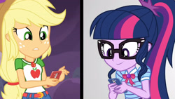 Size: 3410x1920 | Tagged: safe, screencap, applejack, sci-twi, twilight sparkle, equestria girls, equestria girls specials, g4, my little pony equestria girls: better together, my little pony equestria girls: rollercoaster of friendship, applejack's hat, belt, bowtie, cellphone, clothes, cowboy hat, cutie mark, cutie mark on clothes, denim skirt, female, geode of super strength, geode of telekinesis, glasses, hat, high res, jewelry, magical geodes, necklace, phone, ponytail, skirt, smartphone, smiling