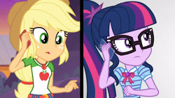 Size: 3410x1920 | Tagged: safe, screencap, applejack, sci-twi, twilight sparkle, equestria girls, equestria girls specials, g4, my little pony equestria girls: better together, my little pony equestria girls: rollercoaster of friendship, applejack's hat, belt, bowtie, cellphone, clothes, cowboy hat, cutie mark, cutie mark on clothes, denim skirt, female, geode of super strength, geode of telekinesis, glasses, hat, high res, jewelry, magical geodes, necklace, open mouth, phone, ponytail, skirt, smartphone