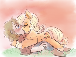 Size: 2129x1604 | Tagged: safe, artist:mimiporcellini, applejack, earth pony, human, g4, blushing, colored sketch, crossover, crossover shipping, eyes closed, female, hol horse, holjack, interspecies, jojo's bizarre adventure, kiss on the lips, kissing, male, shipping, straight