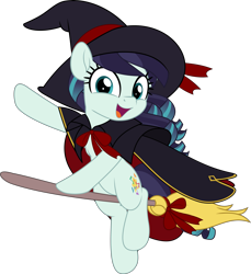Size: 4585x5000 | Tagged: safe, artist:jhayarr23, coloratura, earth pony, pony, g4, broom, cape, clothes, commission, cute, female, flying, flying broomstick, hat, looking at you, mare, ribbon, simple background, solo, transparent background, witch costume, witch hat, ych result