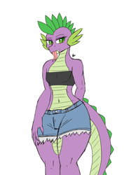 Size: 1400x1900 | Tagged: safe, artist:zachc, spike, dragon, anthro, g4, :p, belly button, clothes, crossdressing, denim shorts, fangs, femboy, femboy spike, looking at you, male, shorts, signature, simple background, solo, tongue out, trap, tube top, white background, wide hips