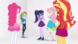 Size: 3410x1920 | Tagged: safe, screencap, fluttershy, pinkie pie, rainbow dash, sci-twi, sunset shimmer, twilight sparkle, equestria girls, equestria girls specials, g4, my little pony equestria girls: better together, my little pony equestria girls: rollercoaster of friendship, bowtie, cellphone, clothes, converse, crossed arms, cutie mark, cutie mark on clothes, female, geode of fauna, geode of super speed, geode of telekinesis, glasses, hairpin, hand on hip, high res, hoodie, jacket, jewelry, leather, leather jacket, magical geodes, necklace, phone, ponytail, rah rah skirt, sandals, shoes, skirt, smartphone, sneakers, tank top