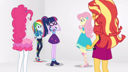 Size: 3410x1920 | Tagged: safe, screencap, fluttershy, pinkie pie, rainbow dash, sci-twi, twilight sparkle, equestria girls, equestria girls specials, g4, my little pony equestria girls: better together, my little pony equestria girls: rollercoaster of friendship, bowtie, cellphone, clothes, converse, crossed arms, cutie mark, cutie mark on clothes, eyes closed, female, geode of fauna, geode of super speed, geode of telekinesis, glasses, hairpin, hand on hip, high res, hoodie, jacket, jewelry, leather, leather jacket, magical geodes, necklace, phone, ponytail, rah rah skirt, sandals, shoes, skirt, smartphone, smiling, sneakers, tank top