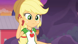 Size: 3410x1920 | Tagged: safe, screencap, applejack, equestria girls, equestria girls specials, g4, my little pony equestria girls: better together, my little pony equestria girls: rollercoaster of friendship, applejack's hat, cellphone, clothes, cowboy hat, cutie mark, cutie mark on clothes, female, geode of super strength, hat, high res, jewelry, magical geodes, necklace, phone, smartphone, solo