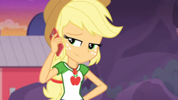 Size: 3410x1920 | Tagged: safe, screencap, applejack, equestria girls, equestria girls specials, g4, my little pony equestria girls: better together, my little pony equestria girls: rollercoaster of friendship, applejack's hat, cellphone, clothes, cowboy hat, cutie mark, cutie mark on clothes, female, geode of super strength, hat, high res, jewelry, magical geodes, necklace, phone, smartphone, smiling, solo