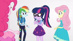 Size: 3410x1920 | Tagged: safe, screencap, fluttershy, pinkie pie, rainbow dash, sci-twi, twilight sparkle, equestria girls, equestria girls specials, g4, my little pony equestria girls: better together, my little pony equestria girls: rollercoaster of friendship, bowtie, cellphone, clothes, cutie mark, cutie mark on clothes, female, geode of fauna, geode of super speed, geode of telekinesis, glasses, hairpin, high res, hoodie, jewelry, magical geodes, necklace, phone, ponytail, sci-twi skirt, smartphone, smiling, tank top