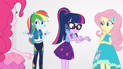 Size: 3410x1920 | Tagged: safe, screencap, fluttershy, pinkie pie, rainbow dash, sci-twi, twilight sparkle, equestria girls, equestria girls specials, g4, my little pony equestria girls: better together, my little pony equestria girls: rollercoaster of friendship, bowtie, cellphone, clothes, cutie mark, cutie mark on clothes, female, fluttershy boho dress, geode of fauna, geode of super speed, geode of telekinesis, glasses, hairpin, high res, hoodie, jewelry, legs together, magical geodes, necklace, phone, ponytail, sci-twi skirt, skirt, smartphone, smiling, tank top