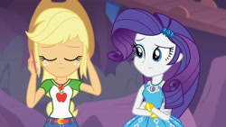 Size: 3410x1920 | Tagged: safe, screencap, applejack, rarity, equestria girls, equestria girls specials, g4, my little pony equestria girls: better together, my little pony equestria girls: rollercoaster of friendship, applejack's hat, belt, bracelet, cellphone, clothes, cowboy hat, crossed arms, denim skirt, eyes closed, female, geode of shielding, geode of super strength, hairpin, hat, high res, jewelry, magical geodes, necklace, phone, rarity peplum dress, skirt, smartphone