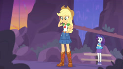 Size: 3410x1920 | Tagged: safe, screencap, applejack, rarity, equestria girls, equestria girls specials, g4, my little pony equestria girls: better together, my little pony equestria girls: rollercoaster of friendship, applejack's hat, belt, boots, bracelet, cellphone, clothes, cowboy boots, cowboy hat, crossed arms, denim skirt, female, geode of shielding, geode of super strength, hairpin, hand on hip, hat, high heels, high res, jewelry, magical geodes, necklace, phone, rarity peplum dress, shoes, skirt, smartphone