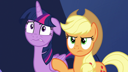 Size: 1280x720 | Tagged: safe, screencap, applejack, twilight sparkle, alicorn, earth pony, pony, g4, season 9, the beginning of the end, annoyed, applejack is not amused, cropped, duo, duo female, female, floppy ears, frown, gritted teeth, mare, twilight sparkle (alicorn), unamused, worried