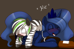 Size: 1200x800 | Tagged: safe, artist:kloudmutt, princess luna, oc, oc:jack hyperfreak, alicorn, pony, zebra, g4, alcohol, beer, blushing, canon x oc, commission, crown, digital art, drunk, drunk luna, duo, eyes closed, female, horn, jewelry, male, mare, necklace, open mouth, regalia, sleeping, stallion, tail, wings, zebra oc