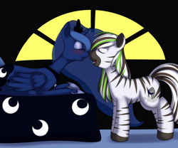 Size: 1024x853 | Tagged: safe, artist:kloudmutt, princess luna, oc, oc:jack hyperfreak, alicorn, pony, zebra, g4, bed, blushing, canon x oc, commission, crown, digital art, duo, eyes closed, female, horn, jewelry, male, mare, open mouth, regalia, snuggling, stallion, tail, wings, zebra oc