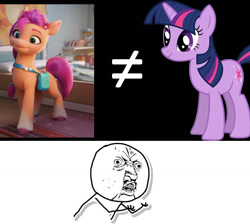 Size: 1280x1145 | Tagged: safe, edit, edited screencap, screencap, sunny starscout, twilight sparkle, earth pony, pony, unicorn, g4, g5, my little pony: a new generation, angry, cropped, female, mare, meme, unicorn twilight, y u no