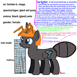 Size: 900x900 | Tagged: safe, artist:calebtyink, oc, oc:brinlee b. mega, alicorn, ant, ant pony, insect, original species, pony, bigger then building, building, female, giant ant, giant ant pony, giant pony, giantess, gray coat, i can't believe it's not badumsquish, macro, mare, multiple legs, multiple limbs, random pony, size chart, size comparison, we well gonna need bigger bug repellant