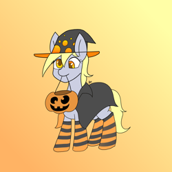 Size: 2200x2200 | Tagged: safe, artist:zachc, derpy hooves, pegasus, pony, g4, clothes, female, gradient background, halloween, hat, high res, holiday, pumpkin bucket, socks, solo, striped socks, thigh highs, witch costume, witch hat