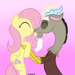 Size: 3600x3600 | Tagged: safe, artist:blinkshake, discord, fluttershy, draconequus, pegasus, pony, g4, boop, eyes closed, female, gradient background, high res, holding a pony, male, mare, noseboop, nuzzling, ship:discoshy, shipping, smiling, straight