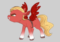 Size: 1008x710 | Tagged: safe, artist:woollyart, sprout cloverleaf, earth pony, pony, g5, my little pony: a new generation, coat markings, colt, colt sprout cloverleaf, evil grin, fake wings, gray background, grin, looking offscreen, male, simple background, smiling, socks (coat markings), solo