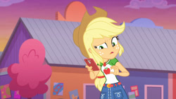 Size: 3410x1920 | Tagged: safe, screencap, applejack, equestria girls, equestria girls series, g4, rollercoaster of friendship, applejack's hat, belt, cellphone, clothes, cowboy hat, cutie mark, cutie mark on clothes, denim skirt, female, geode of super strength, hat, high res, jewelry, magical geodes, necklace, open mouth, phone, skirt, smartphone, solo