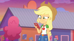 Size: 3410x1920 | Tagged: safe, screencap, applejack, equestria girls, equestria girls series, g4, rollercoaster of friendship, applejack's hat, belt, cellphone, clothes, cowboy hat, cutie mark, cutie mark on clothes, denim skirt, female, geode of super strength, hat, high res, jewelry, magical geodes, necklace, phone, skirt, smartphone, solo