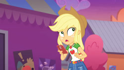 Size: 3410x1920 | Tagged: safe, screencap, applejack, equestria girls, equestria girls specials, g4, my little pony equestria girls: better together, my little pony equestria girls: rollercoaster of friendship, applejack's hat, belt, cellphone, clothes, cowboy hat, cutie mark, cutie mark on clothes, denim skirt, female, geode of super strength, hat, high res, jewelry, magical geodes, necklace, open mouth, phone, skirt, smartphone, solo