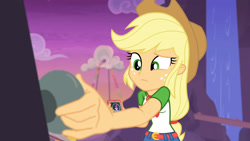 Size: 3410x1920 | Tagged: safe, screencap, applejack, sci-twi, twilight sparkle, equestria girls, equestria girls specials, g4, my little pony equestria girls: better together, my little pony equestria girls: rollercoaster of friendship, applejack's hat, belt, bowtie, cellphone, clothes, cowboy hat, cutie mark, cutie mark on clothes, denim skirt, female, geode of super strength, geode of telekinesis, glasses, hat, high res, jewelry, magical geodes, necklace, phone, ponytail, skirt, smartphone