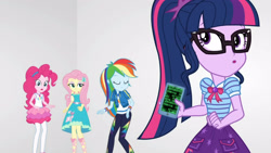 Size: 3410x1920 | Tagged: safe, screencap, fluttershy, pinkie pie, rainbow dash, sci-twi, twilight sparkle, equestria girls, equestria girls specials, g4, my little pony equestria girls: better together, my little pony equestria girls: rollercoaster of friendship, :o, bowtie, cellphone, clothes, cutie mark, cutie mark on clothes, eyes closed, female, geode of fauna, geode of sugar bombs, geode of super speed, geode of telekinesis, glasses, hairpin, high res, hoodie, jewelry, magical geodes, necklace, open mouth, phone, ponytail, smartphone, tank top