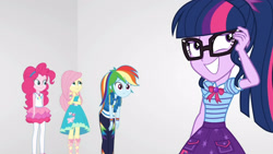 Size: 3410x1920 | Tagged: safe, screencap, fluttershy, pinkie pie, rainbow dash, sci-twi, twilight sparkle, equestria girls, equestria girls specials, g4, my little pony equestria girls: better together, my little pony equestria girls: rollercoaster of friendship, bowtie, clothes, cutie mark, cutie mark on clothes, female, geode of fauna, geode of sugar bombs, geode of super speed, geode of telekinesis, glasses, grin, high res, hoodie, jewelry, magical geodes, necklace, ponytail, smiling, tank top