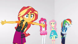 Size: 3410x1920 | Tagged: safe, screencap, fluttershy, pinkie pie, rainbow dash, sunset shimmer, equestria girls, equestria girls specials, g4, my little pony equestria girls: better together, my little pony equestria girls: rollercoaster of friendship, clothes, cutie mark, cutie mark on clothes, female, geode of empathy, geode of fauna, geode of sugar bombs, geode of super speed, hairpin, high res, hoodie, jacket, jewelry, leather, leather jacket, magical geodes, necklace, tank top