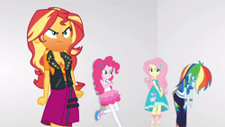 Size: 3410x1920 | Tagged: safe, screencap, fluttershy, pinkie pie, rainbow dash, sunset shimmer, equestria girls, equestria girls specials, g4, my little pony equestria girls: better together, my little pony equestria girls: rollercoaster of friendship, angry, clothes, crossed arms, cutie mark, cutie mark on clothes, eyes closed, female, geode of empathy, geode of fauna, geode of sugar bombs, geode of super speed, hairpin, high res, hoodie, jacket, jewelry, leather, leather jacket, magical geodes, necklace, rageset shimmer, tank top