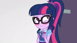 Size: 3410x1920 | Tagged: safe, screencap, sci-twi, twilight sparkle, equestria girls, equestria girls specials, g4, my little pony equestria girls: better together, my little pony equestria girls: rollercoaster of friendship, blushing, bowtie, cellphone, female, geode of telekinesis, glasses, high res, jewelry, magical geodes, necklace, phone, ponytail, smartphone, solo