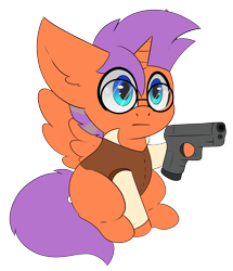 Size: 2501x2914 | Tagged: safe, artist:pegamutt, oc, oc only, oc:glorious morning, alicorn, pony, :l, alicorn oc, blank flank, chibi, clothes, commission, delet this, glasses, gun, high res, horn, male, simple background, sitting, solo, stallion, transparent background, weapon, wings, ych result