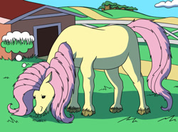 Size: 1024x763 | Tagged: safe, artist:sergeant16bit, fluttershy, pony, g4, commission, earth pony fluttershy, eating, eating grass, farm, female, feral, grass, grazing, herbivore, hoers, horses doing horse things, mare, missing wing, onomatopoeia, solo, species swap, thought bubble, unshorn fetlocks