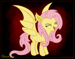 Size: 3214x2530 | Tagged: safe, artist:meckelfoxstudio, fluttershy, bat pony, pony, g4, bat ponified, eeee, eyes closed, fangs, female, flutterbat, flutteryay, high res, mare, open mouth, open smile, race swap, smiling, solo, spread wings, wings, yay