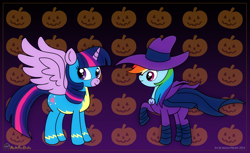 Size: 3836x2340 | Tagged: safe, artist:meckelfoxstudio, mare do well, rainbow dash, twilight sparkle, alicorn, pegasus, pony, g4, the mysterious mare do well, clothes, duo, duo female, female, halloween, high res, holiday, mare, mare do well costume, mare do well dash, pumpkin, raised hoof, twilight sparkle (alicorn), uniform, wonderbolts uniform, wondersparkle
