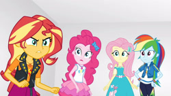 Size: 3410x1920 | Tagged: safe, screencap, fluttershy, pinkie pie, rainbow dash, sunset shimmer, equestria girls, equestria girls specials, g4, my little pony equestria girls: better together, my little pony equestria girls: rollercoaster of friendship, clothes, cutie mark, cutie mark on clothes, female, geode of empathy, geode of fauna, geode of sugar bombs, geode of super speed, hairpin, hand on hip, high res, hoodie, jacket, jewelry, leather, leather jacket, magical geodes, necklace, open mouth, rah rah skirt, skirt, tank top