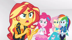 Size: 3410x1920 | Tagged: safe, screencap, fluttershy, pinkie pie, rainbow dash, sunset shimmer, equestria girls, equestria girls specials, g4, my little pony equestria girls: better together, my little pony equestria girls: rollercoaster of friendship, clothes, cutie mark, cutie mark on clothes, female, geode of empathy, geode of fauna, geode of sugar bombs, geode of super speed, hairpin, high res, hoodie, jacket, jewelry, leather, leather jacket, magical geodes, necklace, open mouth, tank top