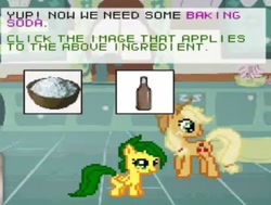 Size: 954x720 | Tagged: safe, applejack, oc, oc:jade, earth pony, pegasus, pony, g4, 8-bit, baking powder, bottle, female, filly, game, pixel art, sugarcube corner, super filly adventure