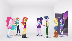 Size: 3410x1920 | Tagged: safe, screencap, applejack, fluttershy, micro chips, pinkie pie, rainbow dash, rarity, sci-twi, sunset shimmer, twilight sparkle, equestria girls, equestria girls specials, g4, my little pony equestria girls: better together, my little pony equestria girls: rollercoaster of friendship, applejack's hat, belt, boots, bowtie, bracelet, clothes, cowboy boots, cowboy hat, cutie mark, cutie mark on clothes, denim skirt, female, geode of empathy, geode of shielding, geode of sugar bombs, geode of super speed, geode of super strength, geode of telekinesis, glasses, hairpin, hat, high res, hoodie, humane five, humane seven, humane six, jacket, jewelry, leather, leather jacket, magical geodes, male, necklace, open mouth, ponytail, rarity peplum dress, shoes, skirt, tank top