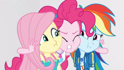 Size: 3410x1920 | Tagged: safe, screencap, fluttershy, pinkie pie, rainbow dash, equestria girls, equestria girls specials, g4, my little pony equestria girls: better together, my little pony equestria girls: rollercoaster of friendship, cheek squish, clothes, cutie mark, cutie mark on clothes, eyes closed, female, geode of sugar bombs, geode of super speed, high res, hoodie, jewelry, magical geodes, necklace, squishy cheeks