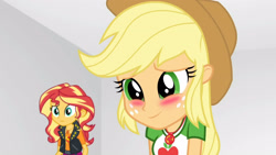 Size: 3410x1920 | Tagged: safe, screencap, applejack, sunset shimmer, equestria girls, equestria girls specials, g4, my little pony equestria girls: better together, my little pony equestria girls: rollercoaster of friendship, applejack's hat, blushing, clothes, cowboy hat, cute, cutie mark, cutie mark on clothes, female, geode of empathy, geode of super strength, hat, high res, jackabetes, jacket, jewelry, leather, leather jacket, magical geodes, necklace, smiling
